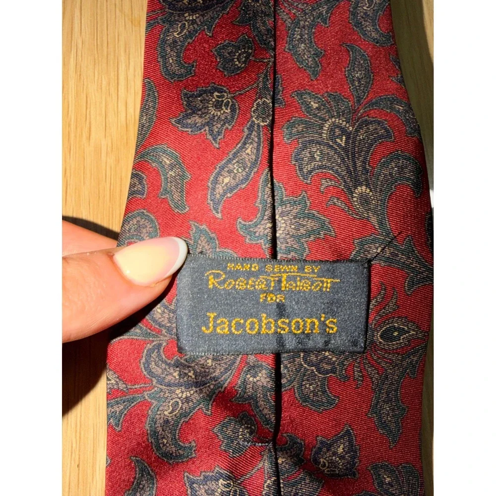 Robert Talbott for Jacobson's Mens Red Gold Paisley Floral Silk Tie Hand Sewn